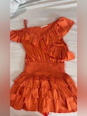 Asymmetrical Orange Ruffle Tiered Dress with Smocked Waist